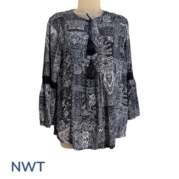 NWT Denim Blue Print Top w/Tassel Tie MEDIUM #A - Picture 1 of 10